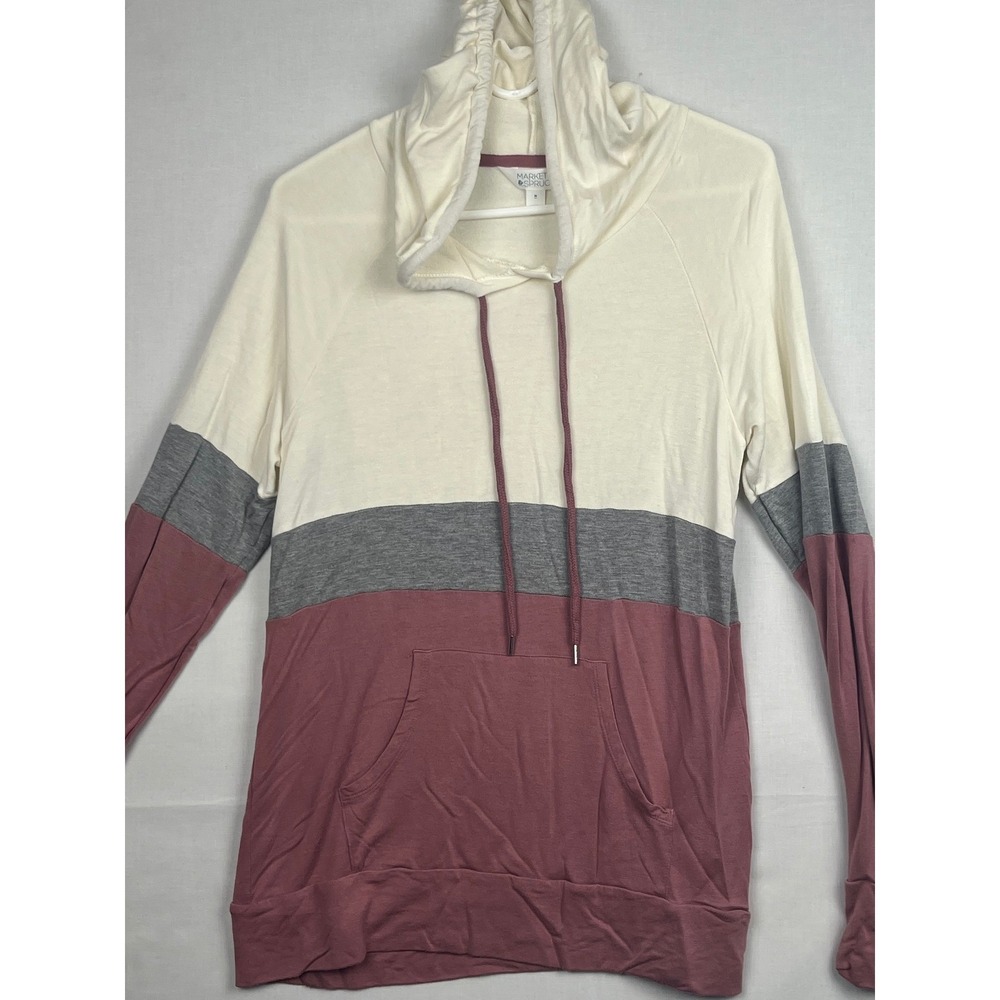Market & Spruce Women Hoodie Colorblock Mauve Grey Cream Size M Pullover WGK1027
